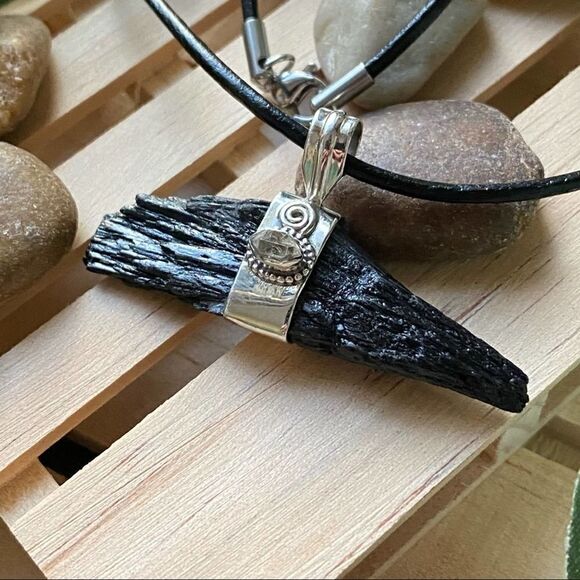 Black Kyanite & Herkimer Diamond Solid Sterling Silver Pendant Necklace - Picture 5 of 7